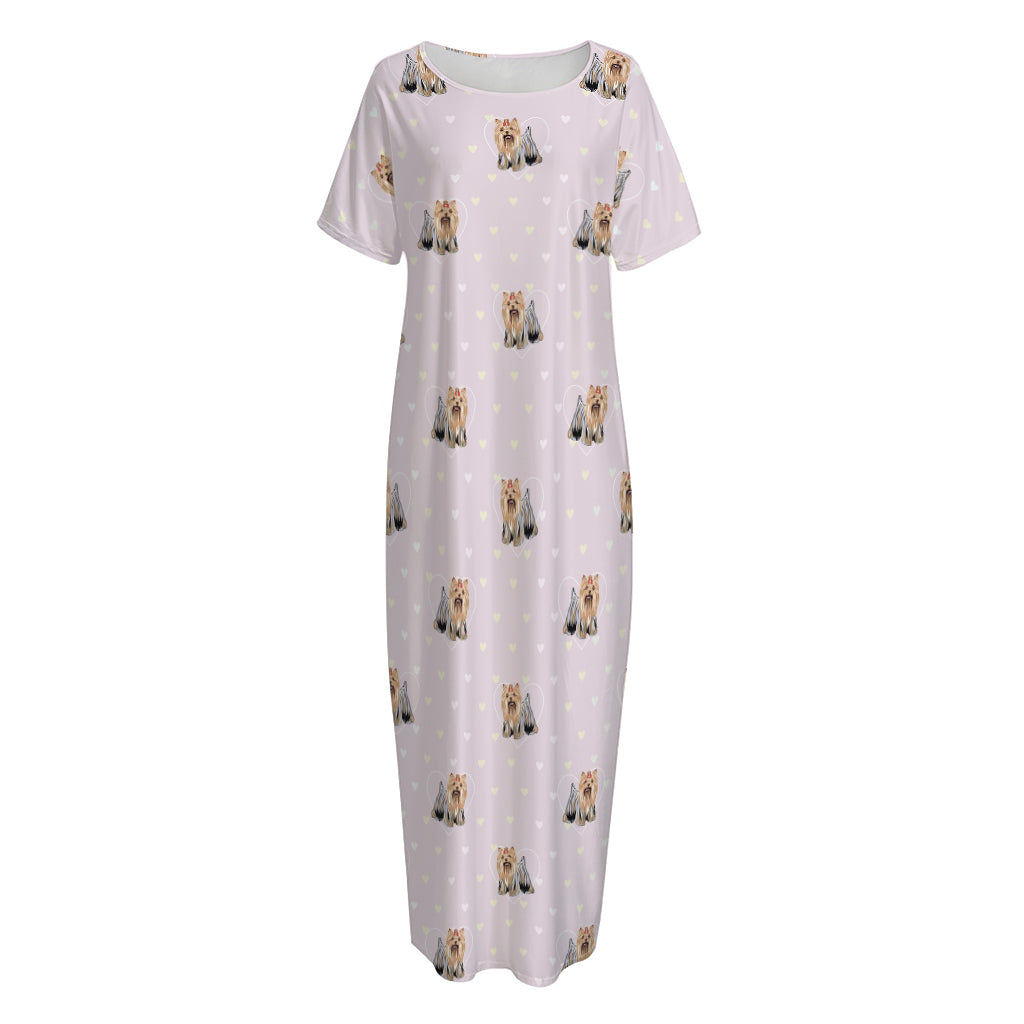 Cute Yorkshire Terrier Pattern Print Short Sleeve Long Nightdress