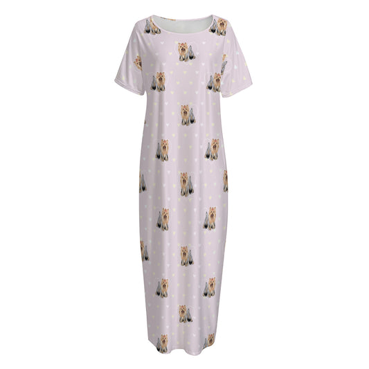 Cute Yorkshire Terrier Pattern Print Short Sleeve Long Nightdress