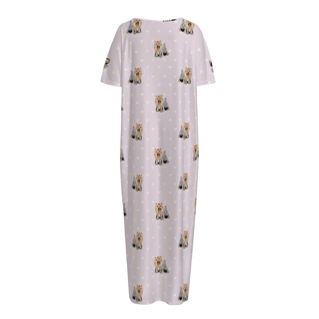 Cute Yorkshire Terrier Pattern Print Short Sleeve Long Nightdress