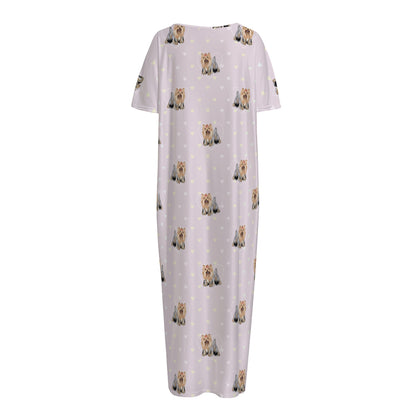 Cute Yorkshire Terrier Pattern Print Short Sleeve Long Nightdress
