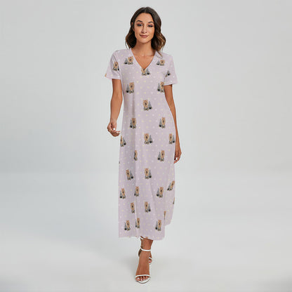 Cute Yorkshire Terrier Pattern Print Short Sleeve Maxi Dress