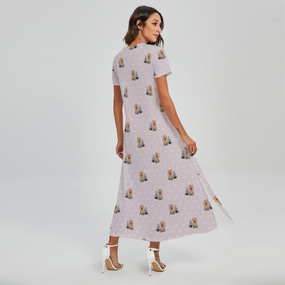 Cute Yorkshire Terrier Pattern Print Short Sleeve Maxi Dress