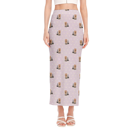 Cute Yorkshire Terrier Pattern Print Side Slit Maxi Skirt