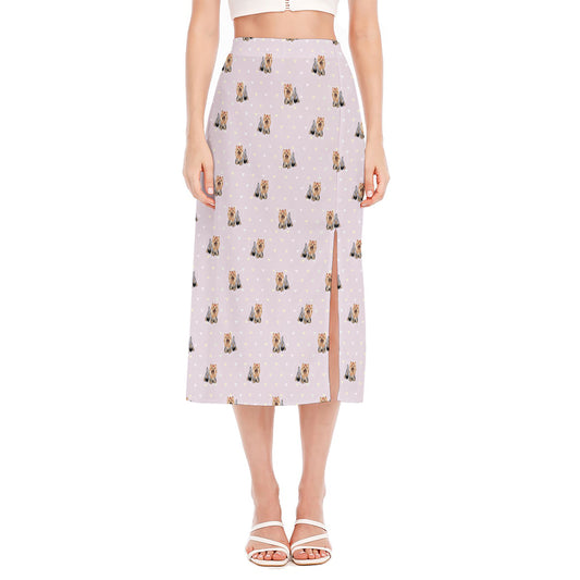 Cute Yorkshire Terrier Pattern Print Side Slit Midi Skirt