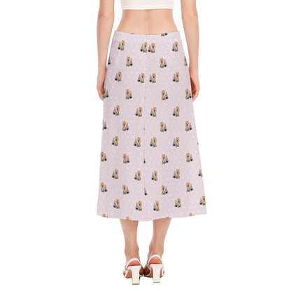Cute Yorkshire Terrier Pattern Print Side Slit Midi Skirt