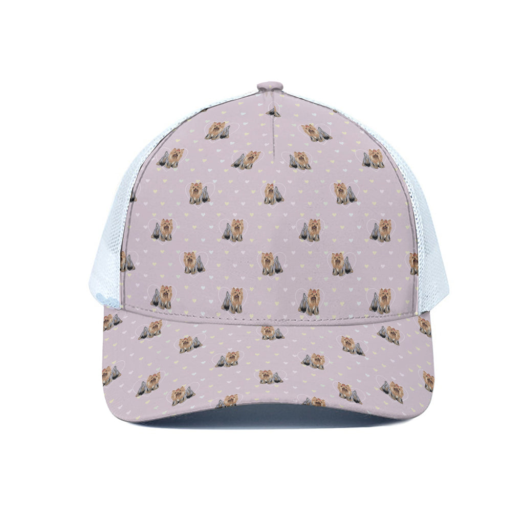 Cute Yorkshire Terrier Pattern Print White Mesh Trucker Cap