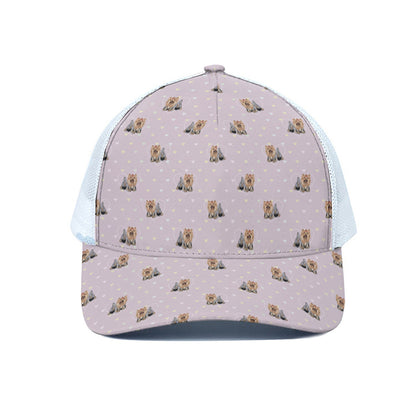 Cute Yorkshire Terrier Pattern Print White Mesh Trucker Cap