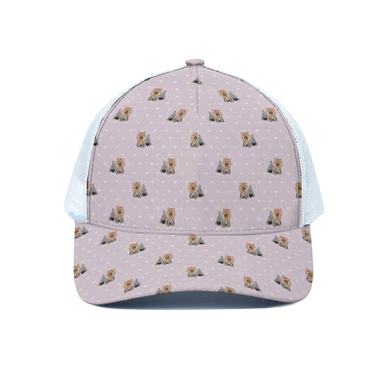 Cute Yorkshire Terrier Pattern Print White Mesh Trucker Cap