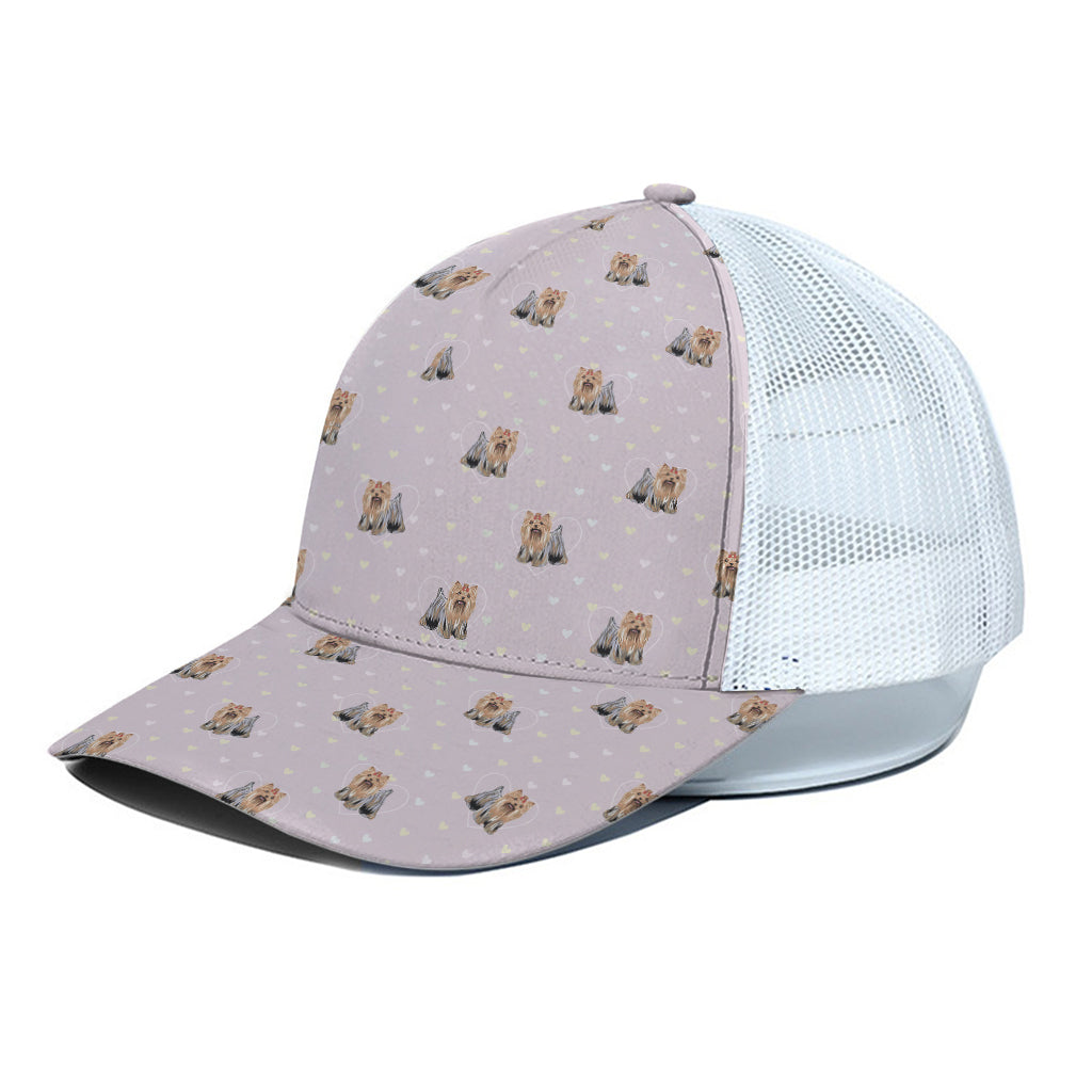 Cute Yorkshire Terrier Pattern Print White Mesh Trucker Cap