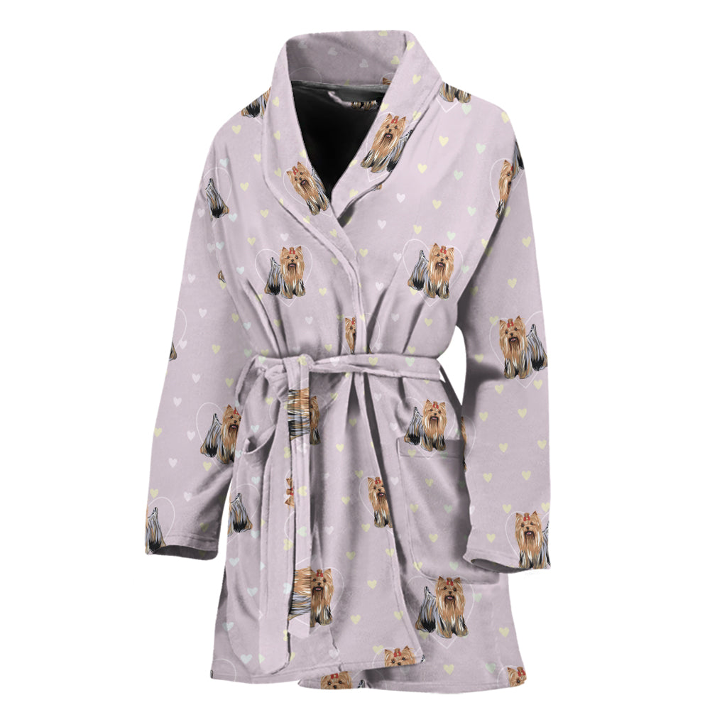 Cute Yorkshire Terrier Pattern Print Women's Bathrobe