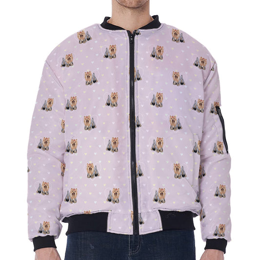 Cute Yorkshire Terrier Pattern Print Zip Sleeve Bomber Jacket