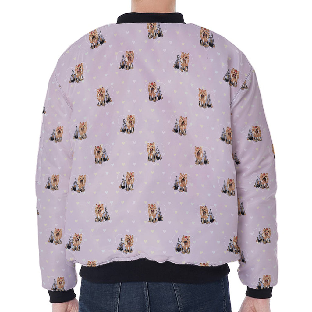 Cute Yorkshire Terrier Pattern Print Zip Sleeve Bomber Jacket