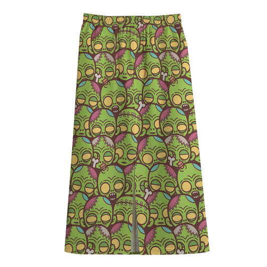 Cute Zombie Pattern Print Cotton Front Slit Maxi Skirt
