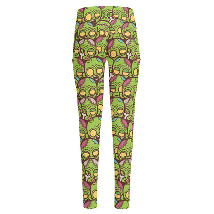 Cute Zombie Pattern Print High-Waisted Pocket Leggings