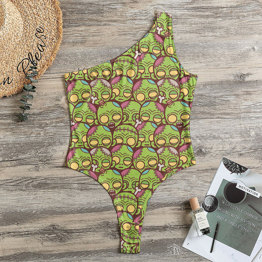 Cute Zombie Pattern Print One Shoulder Bodysuit