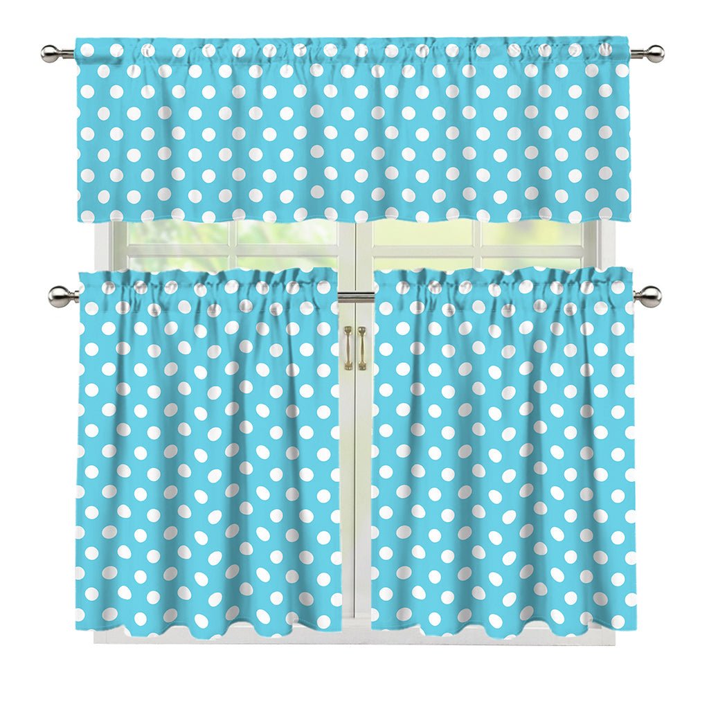 Cyan And White Polka Dot Pattern Print 3 Piece Kitchen Curtains
