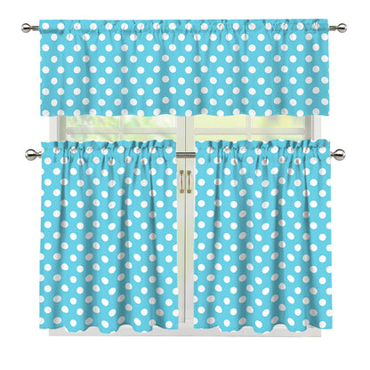 Cyan And White Polka Dot Pattern Print 3 Piece Kitchen Curtains