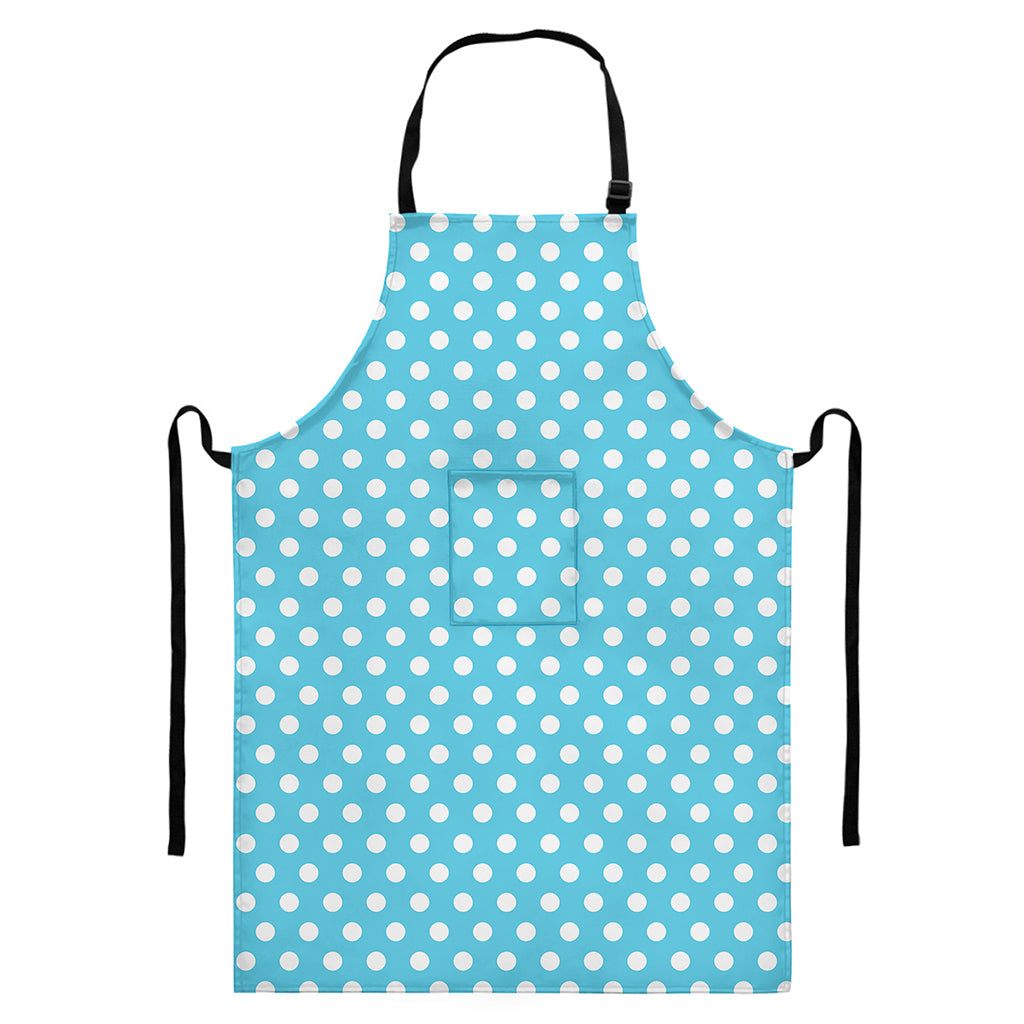 Cyan And White Polka Dot Pattern Print Bib Apron With Pocket
