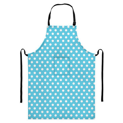 Cyan And White Polka Dot Pattern Print Bib Apron With Pocket