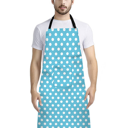 Cyan And White Polka Dot Pattern Print Bib Apron With Pocket