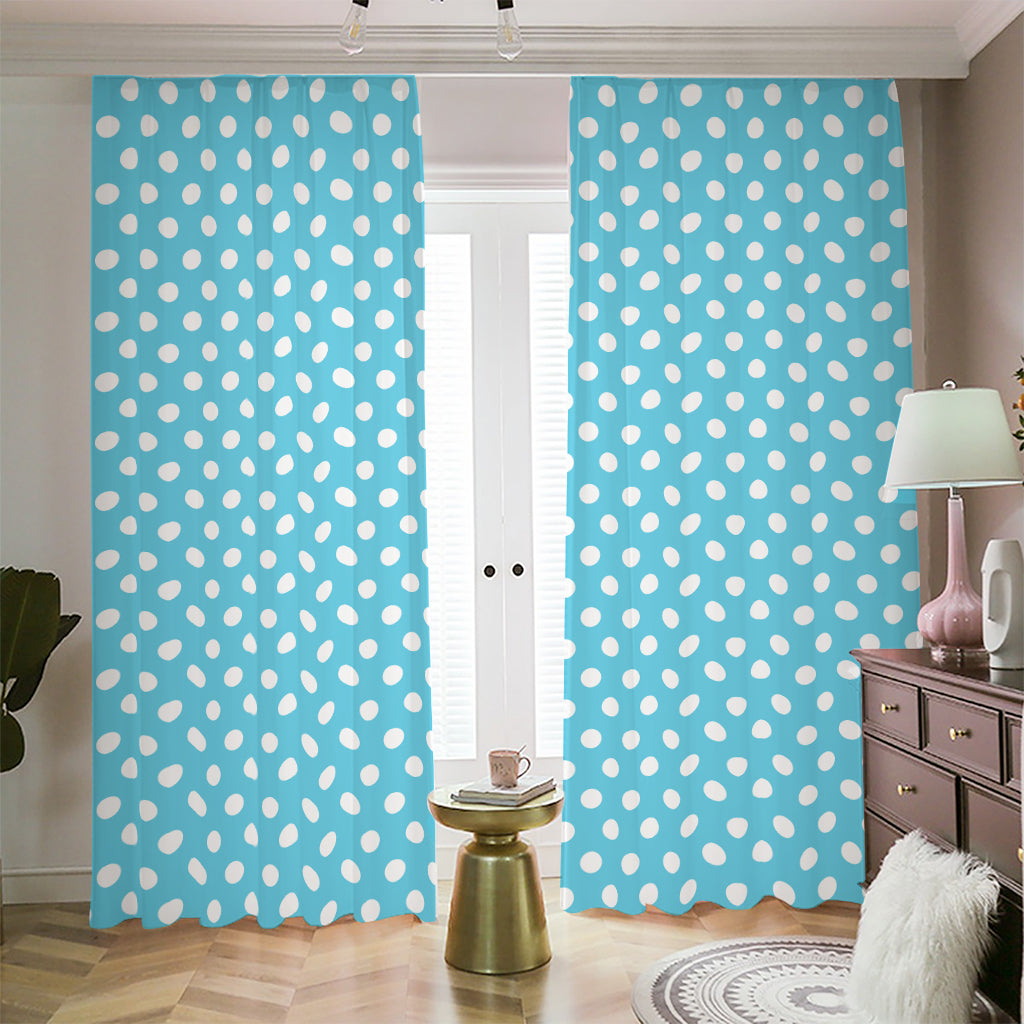 Cyan And White Polka Dot Pattern Print Blackout Pencil Pleat Curtains