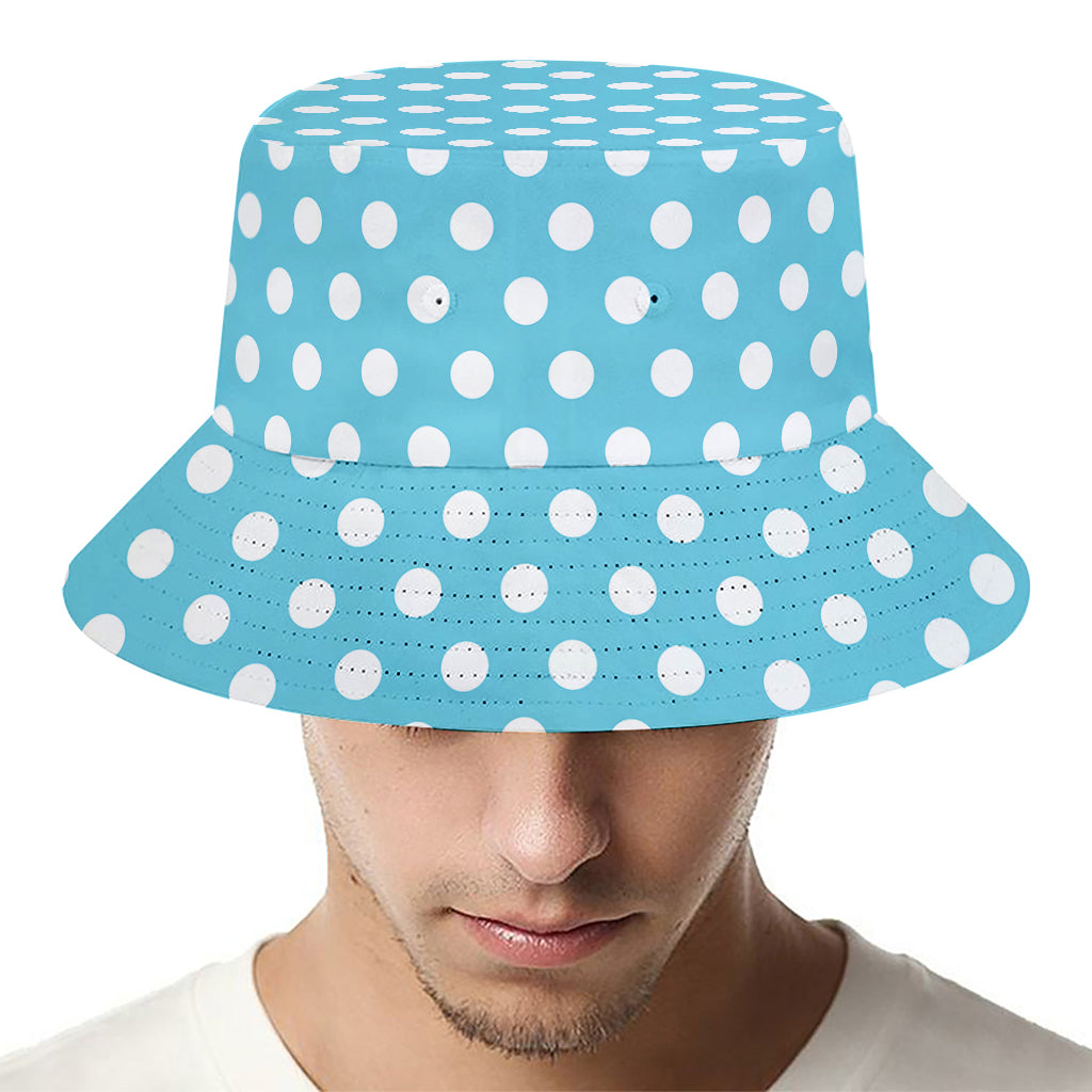 Cyan And White Polka Dot Pattern Print Bucket Hat