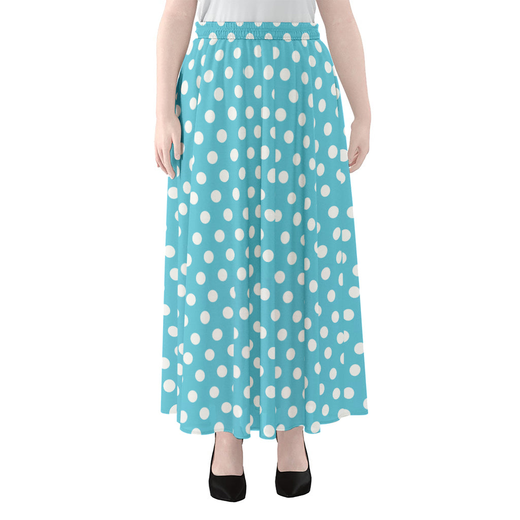 Cyan And White Polka Dot Pattern Print Chiffon Maxi Skirt