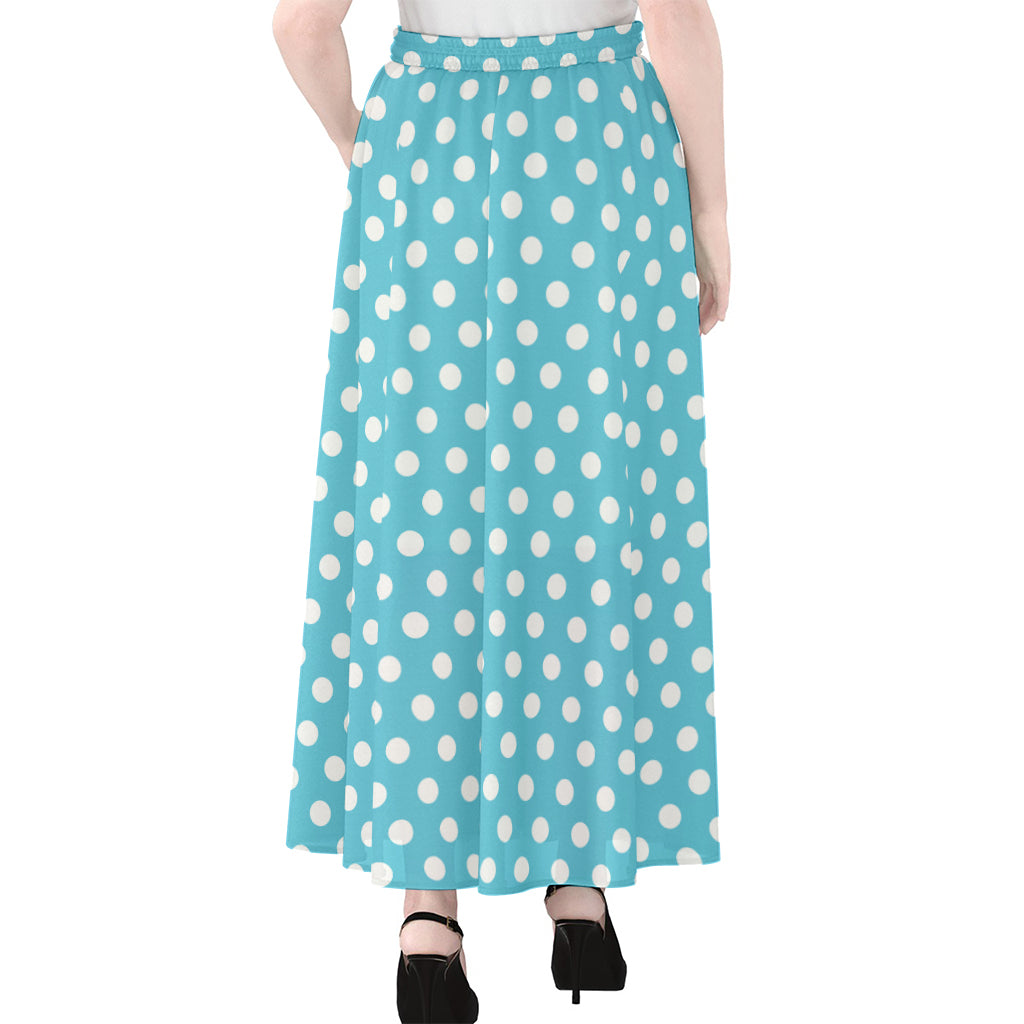 Cyan And White Polka Dot Pattern Print Chiffon Maxi Skirt