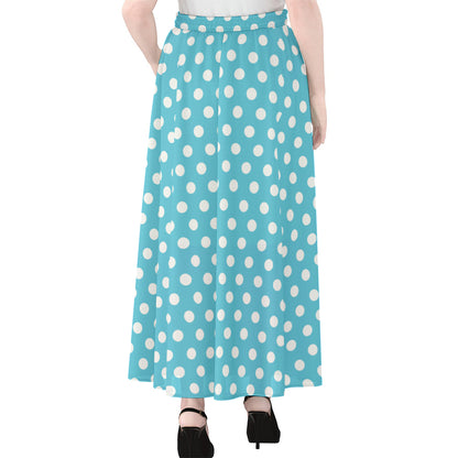 Cyan And White Polka Dot Pattern Print Chiffon Maxi Skirt