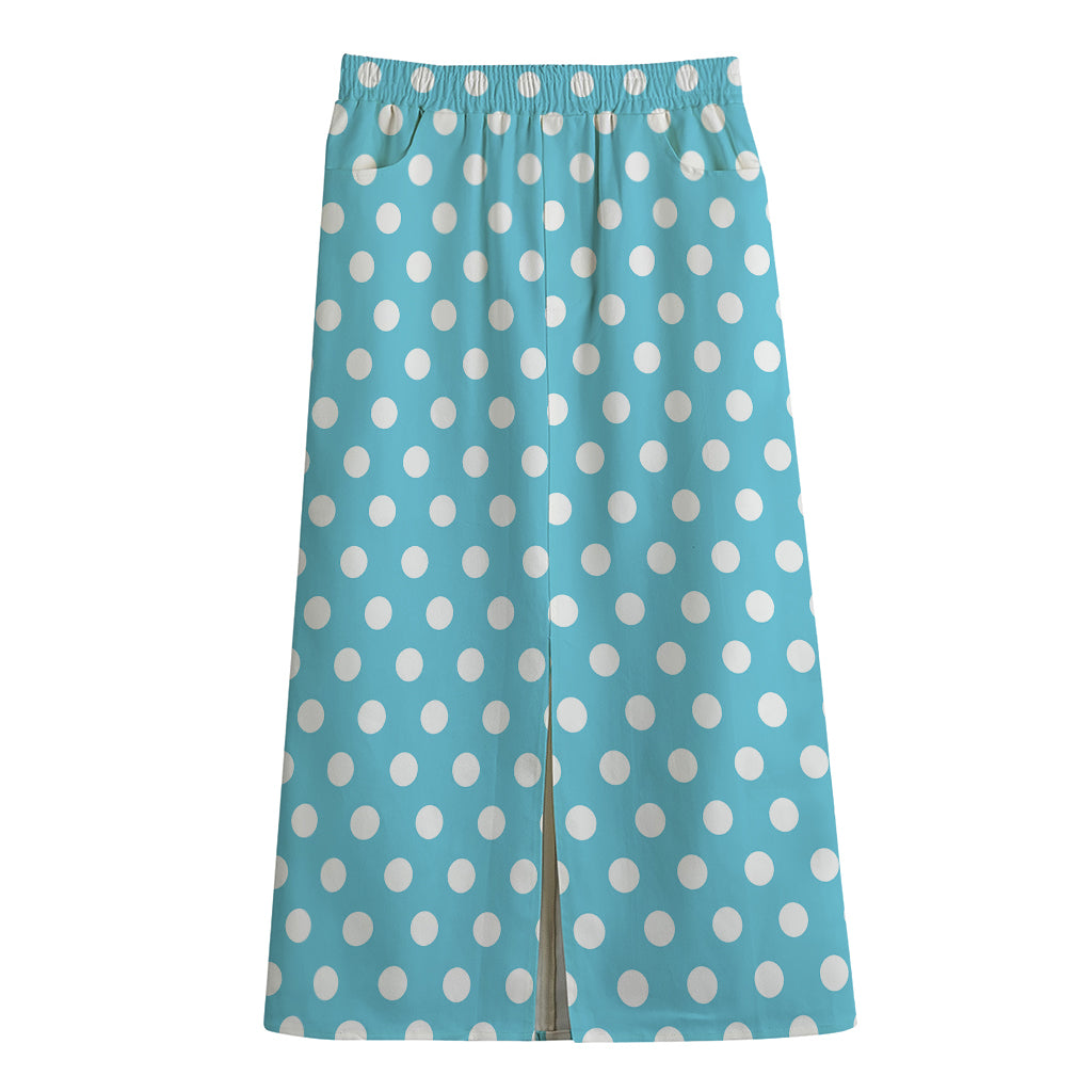 Cyan And White Polka Dot Pattern Print Cotton Front Slit Maxi Skirt