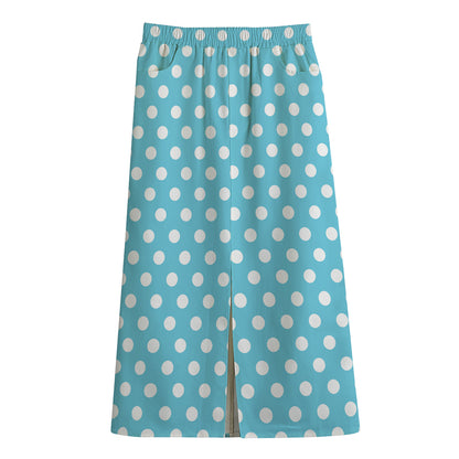 Cyan And White Polka Dot Pattern Print Cotton Front Slit Maxi Skirt