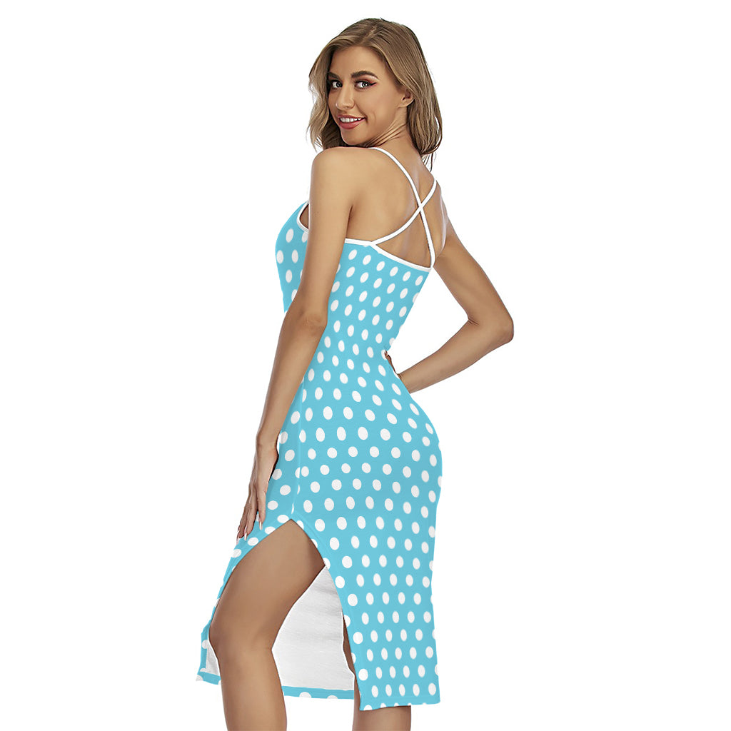 Cyan And White Polka Dot Pattern Print Cross Back Cami Dress