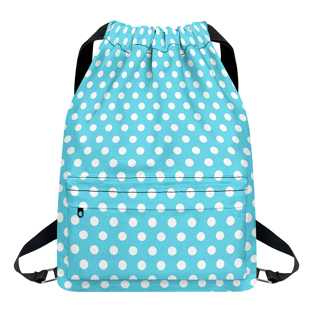 Cyan And White Polka Dot Pattern Print Drawstring Backpack