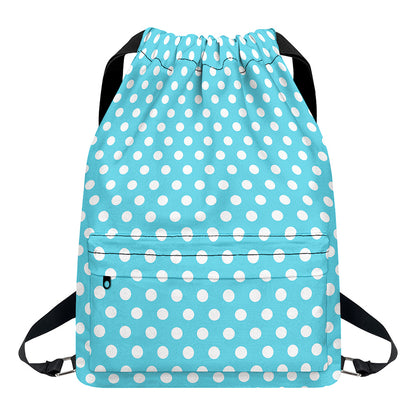 Cyan And White Polka Dot Pattern Print Drawstring Backpack