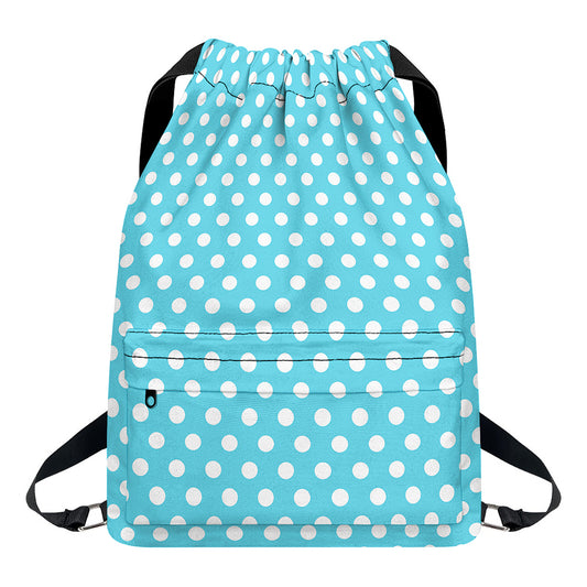Cyan And White Polka Dot Pattern Print Drawstring Backpack