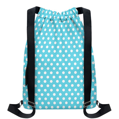 Cyan And White Polka Dot Pattern Print Drawstring Backpack