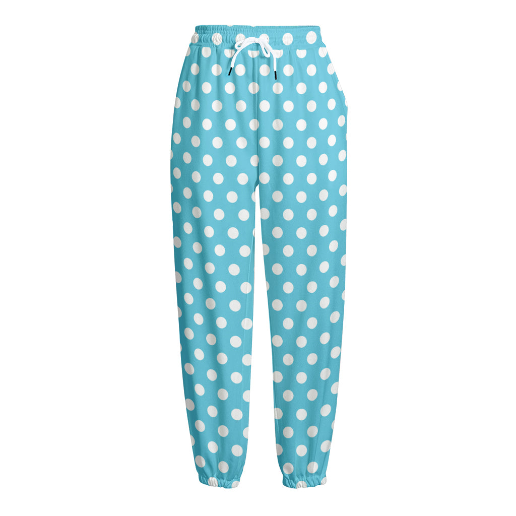 Cyan And White Polka Dot Pattern Print Fleece Lined Knit Pants
