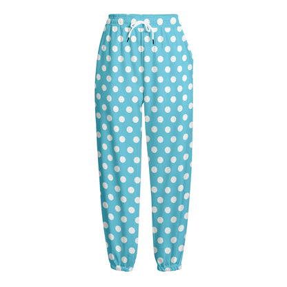 Cyan And White Polka Dot Pattern Print Fleece Lined Knit Pants