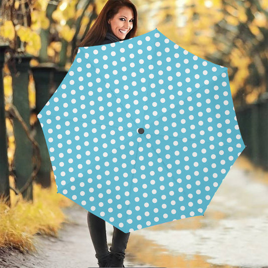 Cyan And White Polka Dot Pattern Print Foldable Umbrella