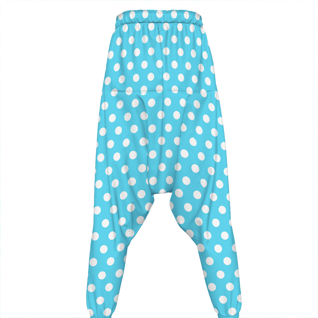 Cyan And White Polka Dot Pattern Print Hammer Pants