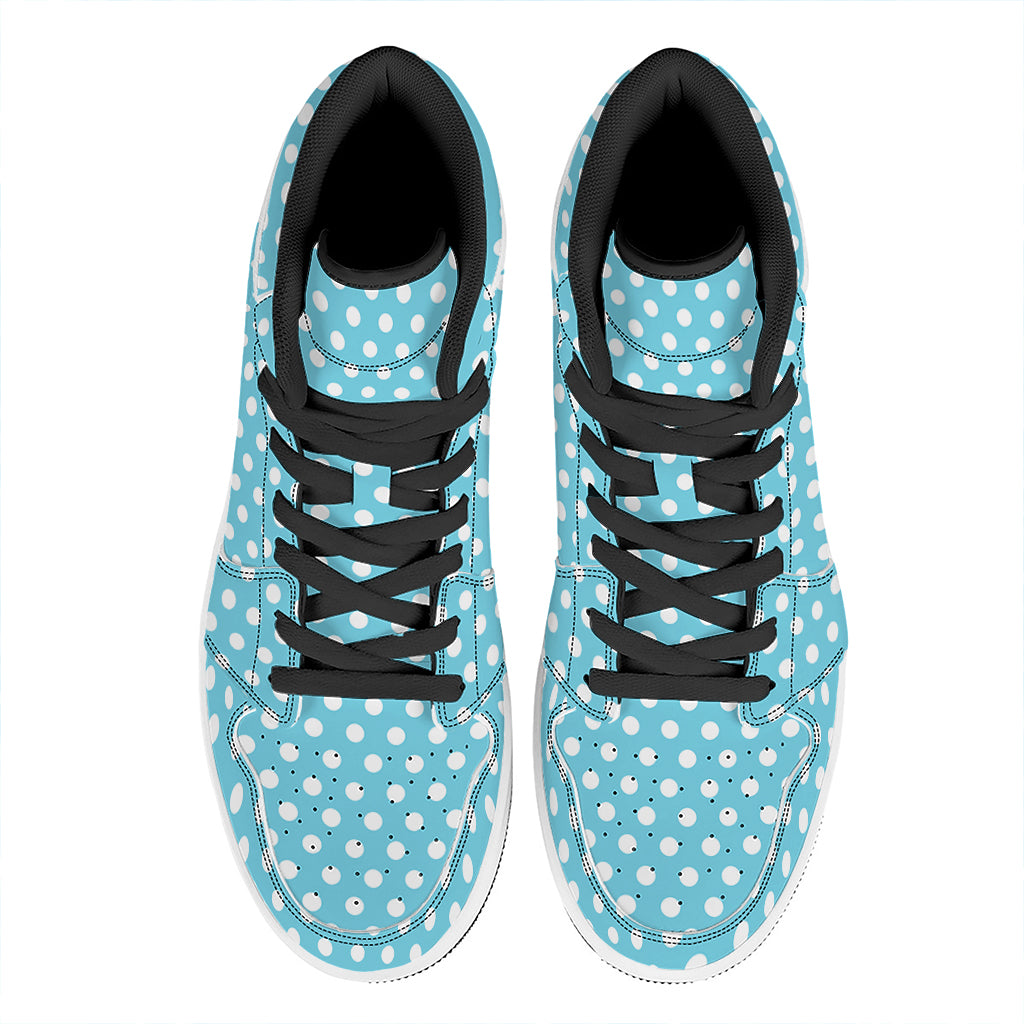 Cyan And White Polka Dot Pattern Print High Top Leather Sneakers