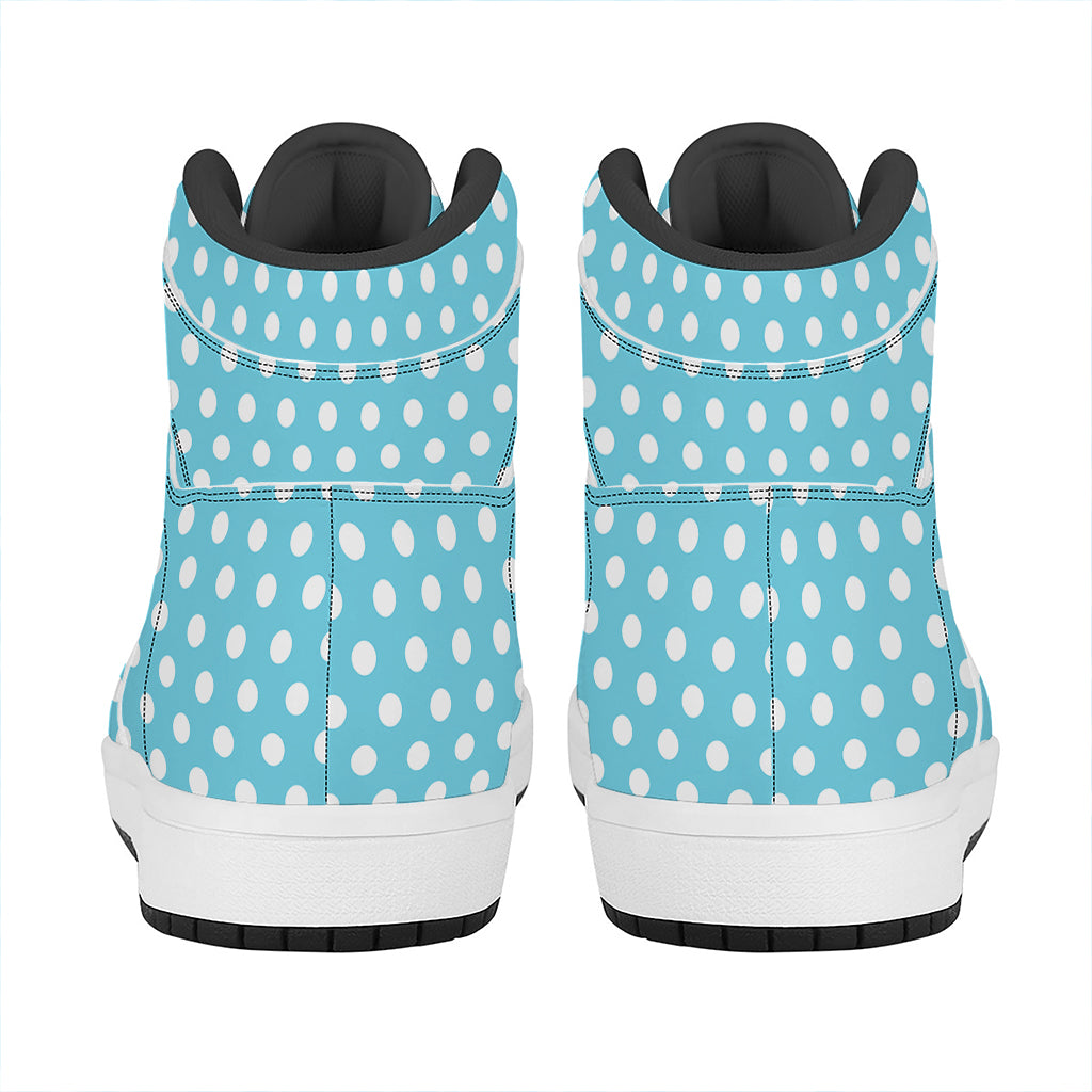 Cyan And White Polka Dot Pattern Print High Top Leather Sneakers