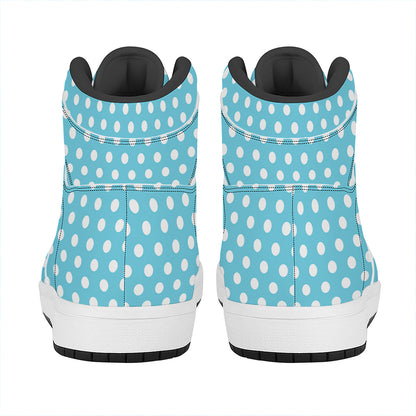Cyan And White Polka Dot Pattern Print High Top Leather Sneakers