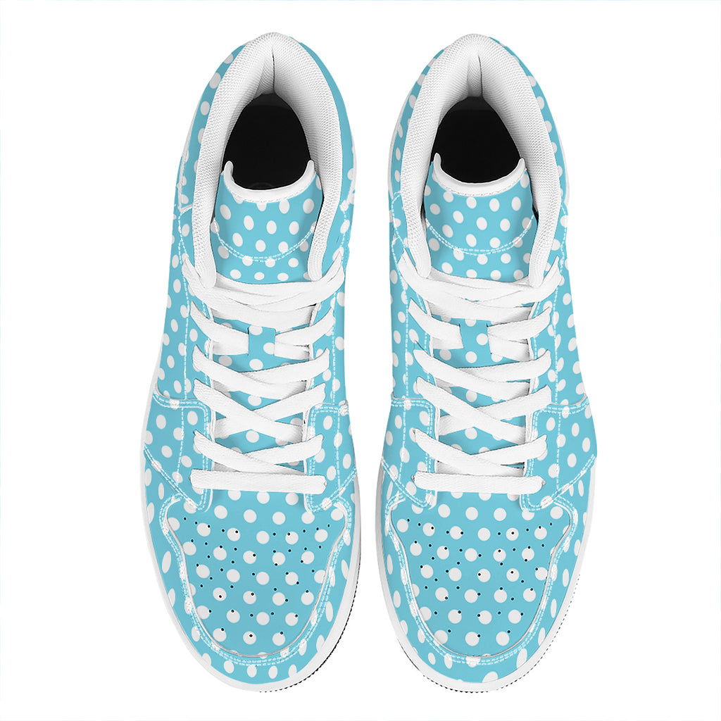 Cyan And White Polka Dot Pattern Print High Top Leather Sneakers