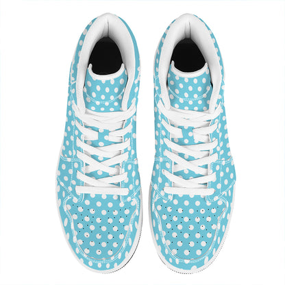 Cyan And White Polka Dot Pattern Print High Top Leather Sneakers