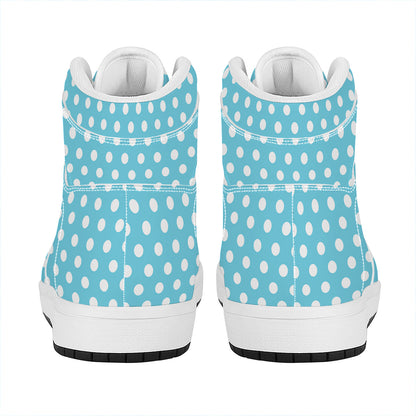 Cyan And White Polka Dot Pattern Print High Top Leather Sneakers