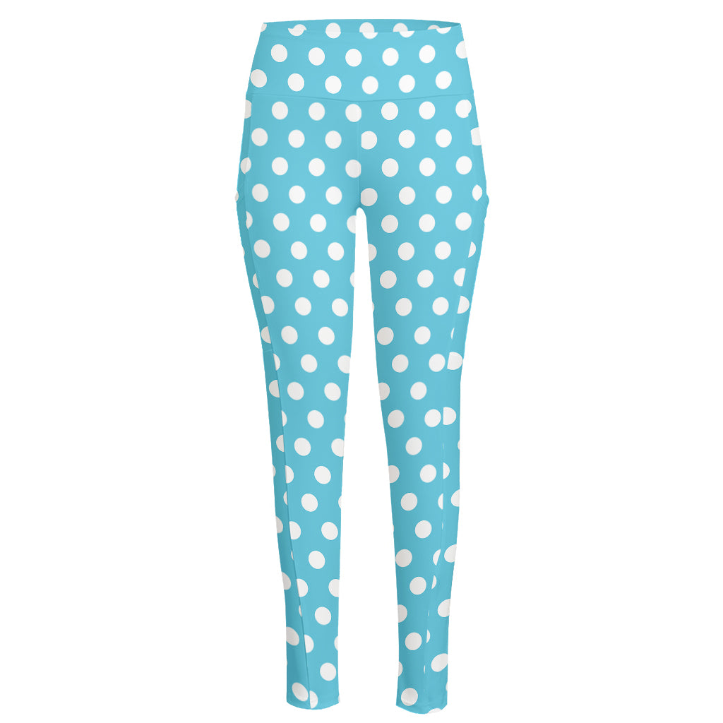 Cyan And White Polka Dot Pattern Print High-Waisted Pocket Leggings