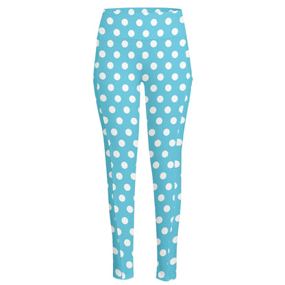 Cyan And White Polka Dot Pattern Print High-Waisted Pocket Leggings