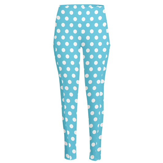Cyan And White Polka Dot Pattern Print High-Waisted Pocket Leggings