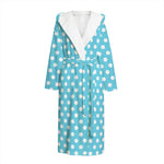 Cyan And White Polka Dot Pattern Print Hooded Bathrobe
